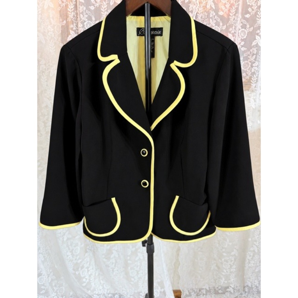 1990's Componix Black Blazer Yellow Contrast Trim Piping 2-Button Jacket Size 14